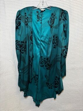 Vintage 80s Roe Frocks Teal Floral Puff Shoulder Open Front Cardigan, Size 9/10